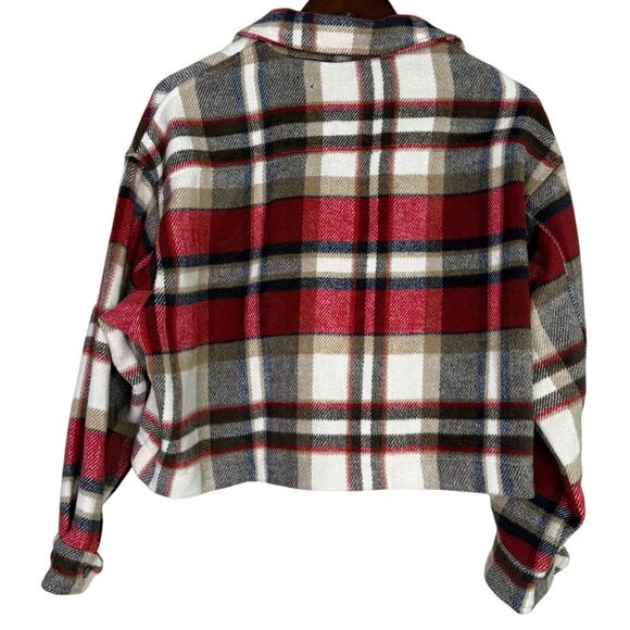 ZARA Cropped Oversized Plaid Shacket Jacket Button Down Pockets XS Red White - Picture 13 of 15
